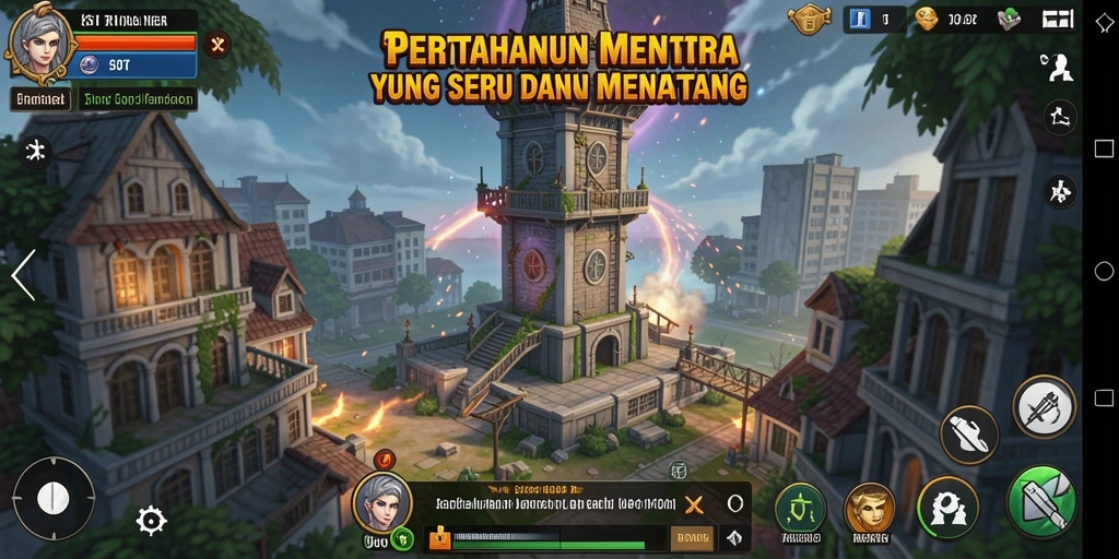 Tampilan gameplay 5RT dengan menara bertahan melawan gelombang musuh.