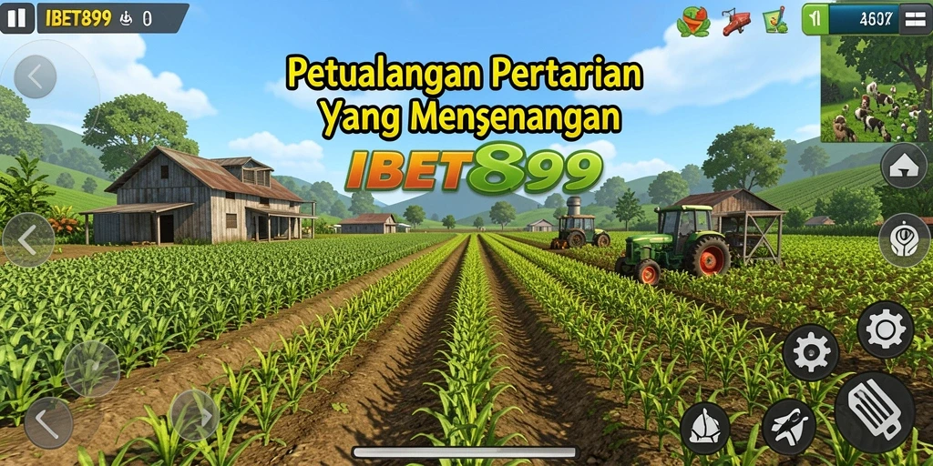 Screenshot gameplay IBET899 menampilkan ladang yang subur dan aktivitas pertanian.