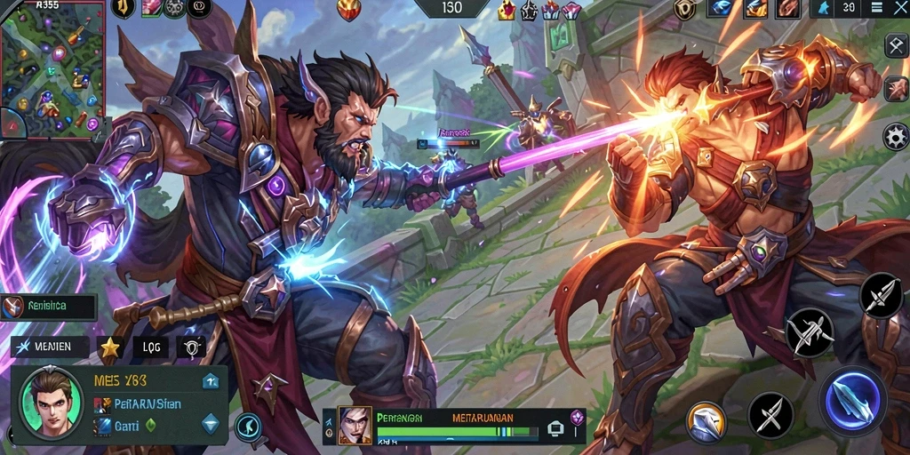 Tampilan aksi seru dari gameplay ME355 di arena pertempuran.