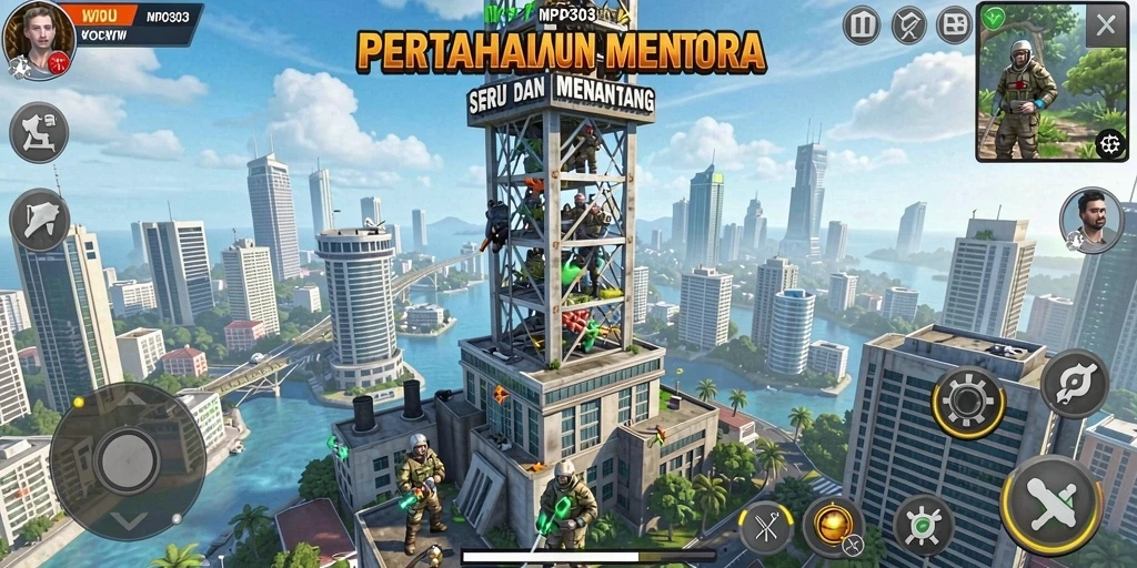 Screenshot gameplay MPO303 menampilkan strategi pertahanan menara yang kompleks.