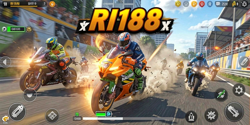 Tangkapan layar utama RI188 menampilkan aksi balap motor yang intens dan mendebarkan.