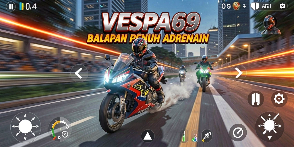Gameplay VESPA69 menampilkan balapan motor yang mendebarkan.